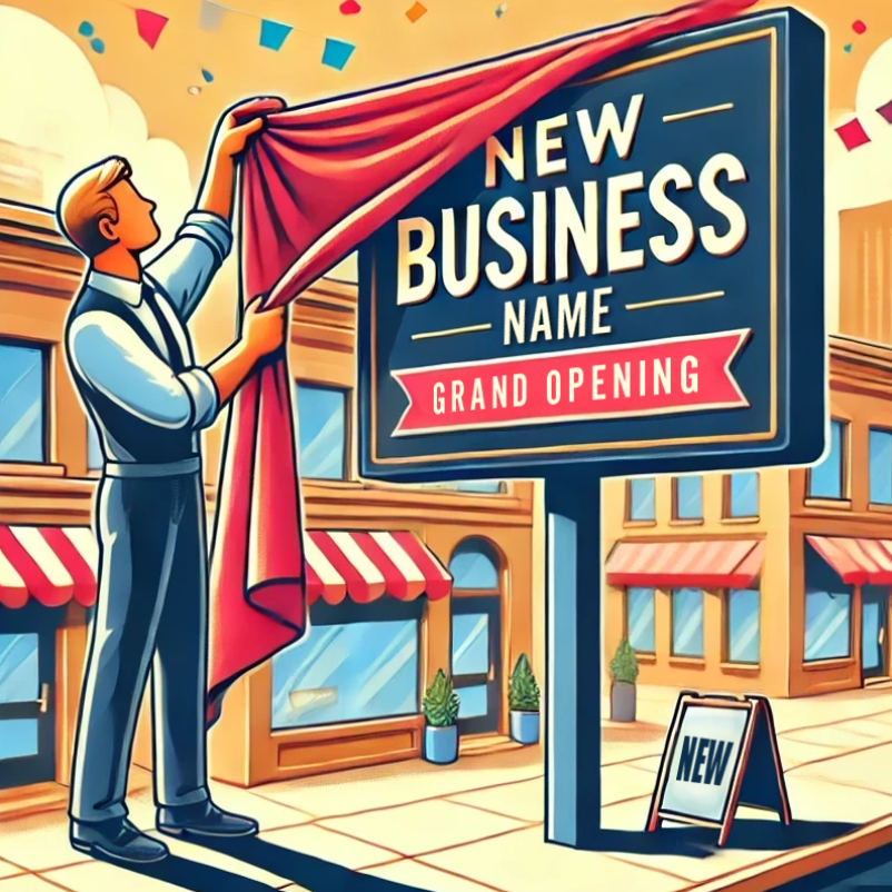 illustration of man unveiling a new business name