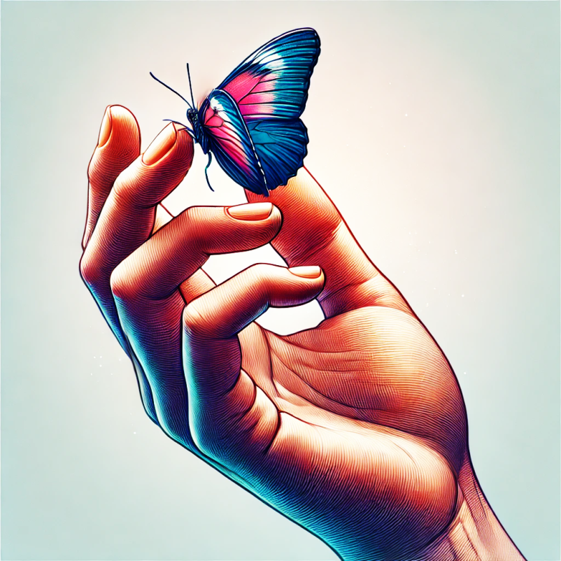 graphic design illustration of hand holding a butterfly