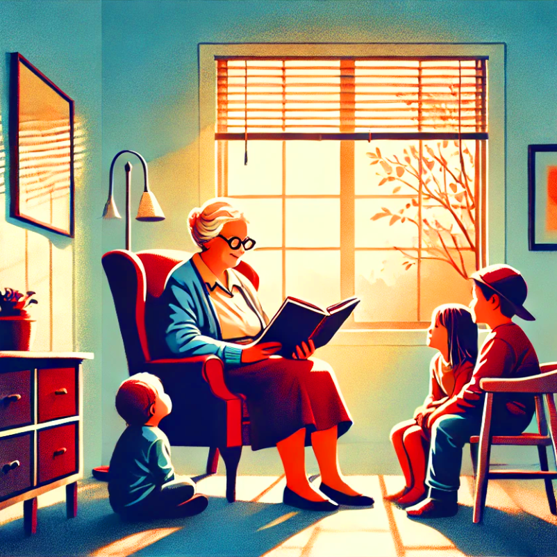 grandmother reading a book to grandchildren at a retirement facility