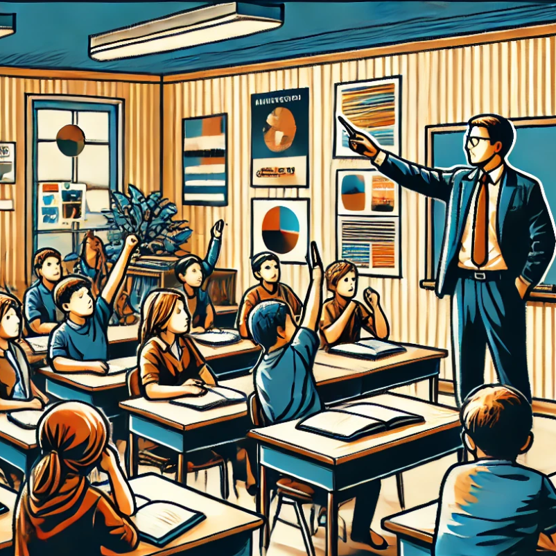graphic design illustration of teacher and students in classroom