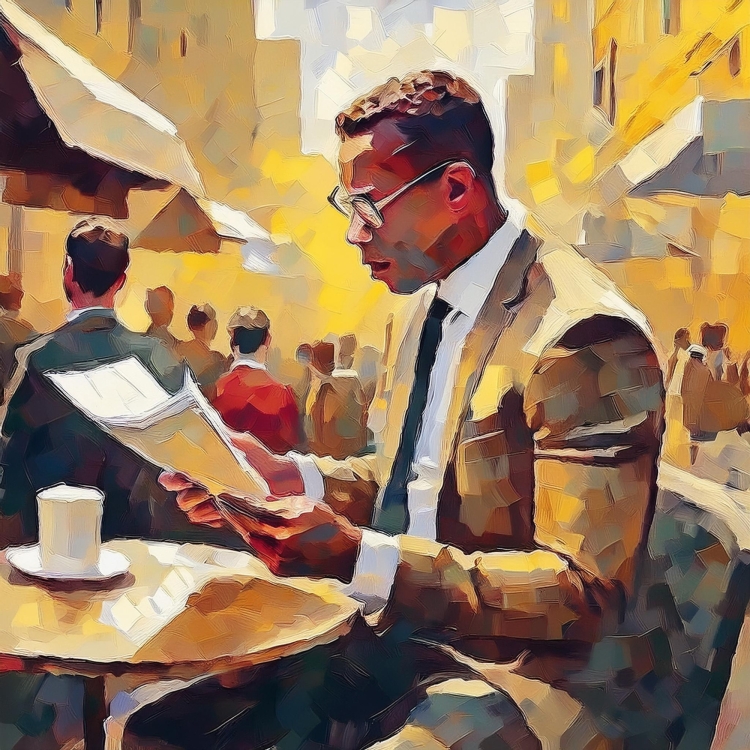 illustration of a man reading a newspaper with advertisements 