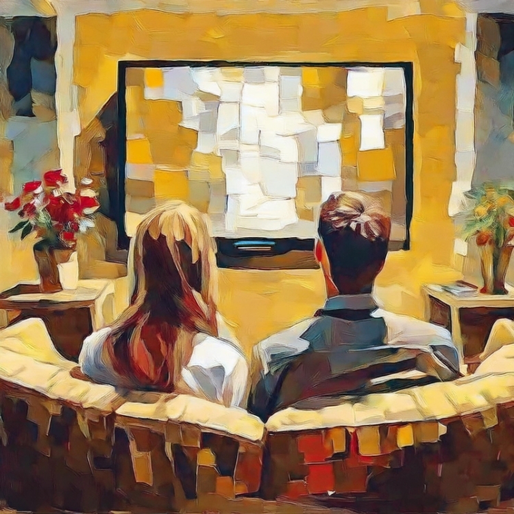 illustration of a couple watching advertisements on TV